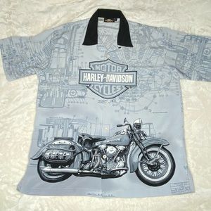 Harley-Davidson Motorcycle Button-Up Casual Dress Shirt Blueprint Graphic size L
